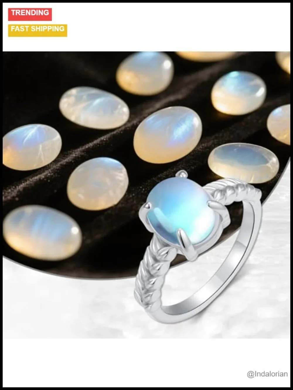 925 Sterling Silver Oval Moonstone Leaf Ring Solitaire Statement
